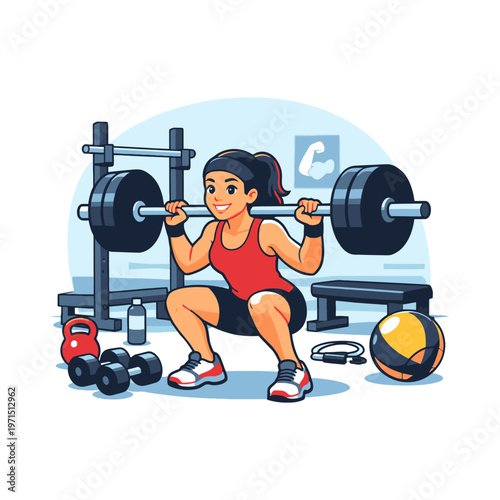 Flat vector illustration of a woman performing barbell squat exercise in a gym environment. Concept of strength training, fitness lifestyle, bodybuilding, and healthy living.