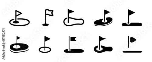 Golf flag icon set with course symbols representing sport, outdoor game and suitable for website, app and ui design illustration
