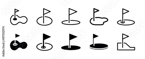 Golf flag icon set with course symbols representing sport, outdoor game and suitable for website, app and ui design illustration