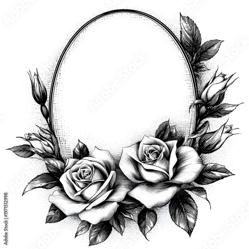 Black and white illustration showing a circle frame with detailed roses and leaves around it in a simple style