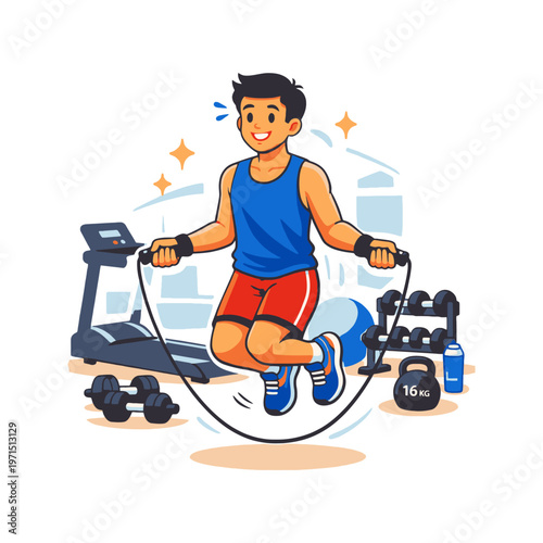 Cartoon style vector illustration of a man doing jump rope exercise for cardio fitness training in gym interior. Healthy lifestyle and endurance workout concept.