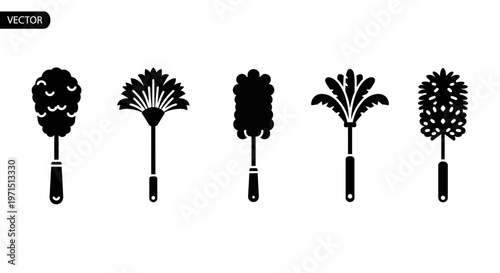 Set of 5 Duster Icons, Cleaning Tools Collection, Silhouette Vector Art