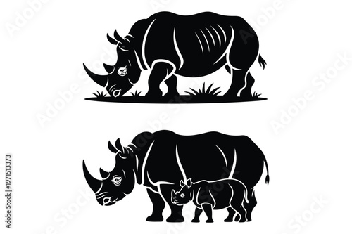 Two rhinoceros, one adult grazing and a mother with calf, vector illustration