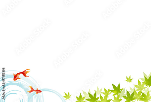 夏・暑中見舞い・和風　水彩風　赤い金魚と水面の波紋　