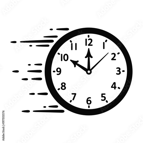 A black and white illustration of a fast moving clock with motion lines on a white background.