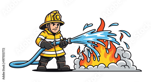 Firefighter in yellow uniform spraying water on flames with a hose on a white background.