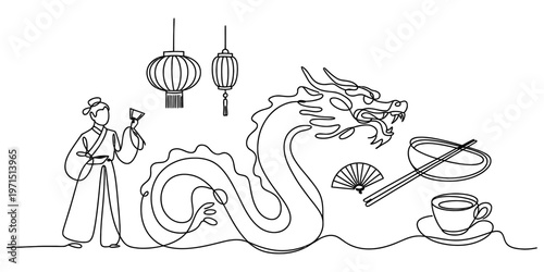 A single continuous line drawing of a person in traditional clothing with a dragon and tea set Vector, illustration