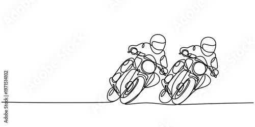 Continuous line drawing of two motorcyclists racing each other on a simple white background base Vector, illustration