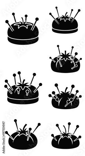 Tomato Pincushions with Pins, Sewing Tools, Craft Supplies, Set Icons