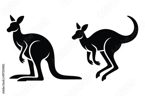 Two stylized kangaroos, one standing and one hopping, black silhouette