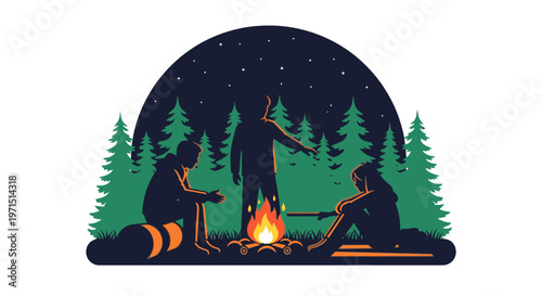 Illustration of people sitting around a campfire in a forest at night with a starry sky.