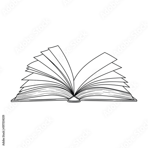 A black and white line drawing of an open book with its pages fanned out on a white background.