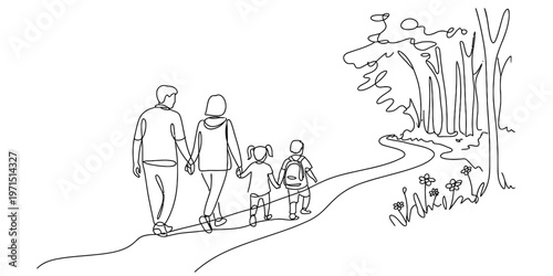 A simple line drawing of a happy family walking together down a path towards a forest landscape Vector, illustration