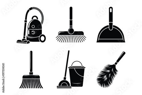 Cleaning tools household equipment vector silhouettes collection set