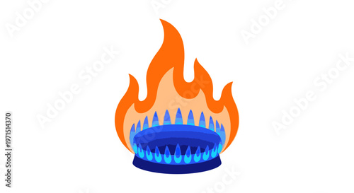 Graphic illustration of a gas stove burner with vibrant orange flames and blue fire on a white background.