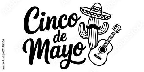 Black and white hand drawn illustration for the festive mexican holiday of cinco de mayo event Vector, illustration