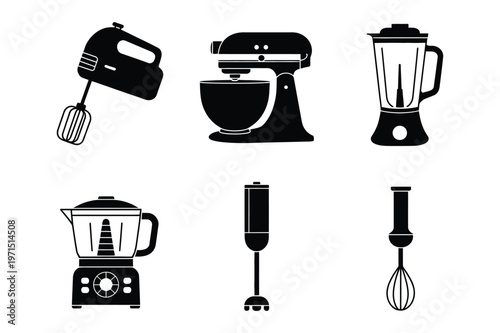 Hand mixer, stand mixer, blender, and food processor vector icons