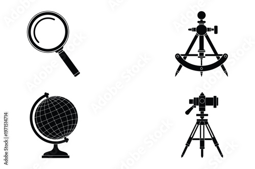 Vintage scientific instruments: magnifying glass, globe, sextant, and telescope