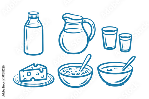Set of dairy products and breakfast items isolated on white background outline sketch vector illustration design