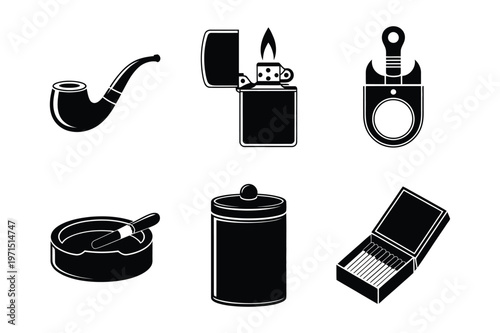 Smoking accessories: pipe, lighter, anchor, ashtray, jar, and matches icons