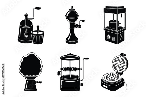 Kitchen appliances: grinder, dispenser, popcorn machine, waffle maker, and mixer