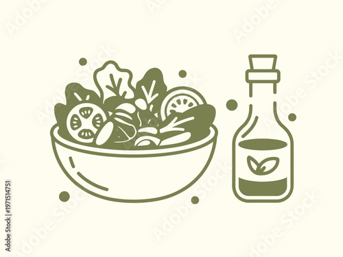 Fresh salad bowl with a bottle of olive oil outline sketch vector illustration design