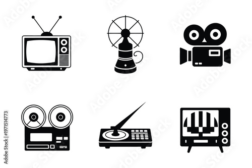 Retro media devices: tv, radio antenna, camera, reel-to-reel, turntable, and old