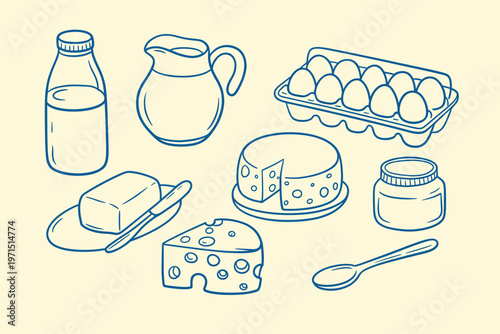 Set of various dairy products and eggs in handdrawn doodle style outline sketch vector illustration design