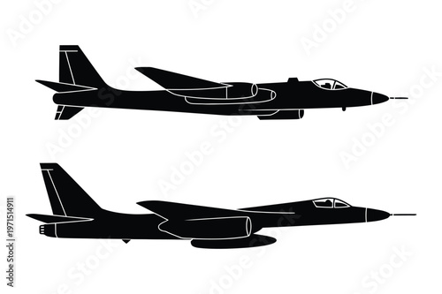 Two military jet fighter silhouettes flying with air force