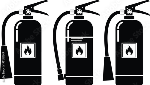 Fire extinguisher silhouettes set, safety equipment icons collection, emergency fire protection tools, industrial hazard prevention design, cad drawing flat vector illustration
