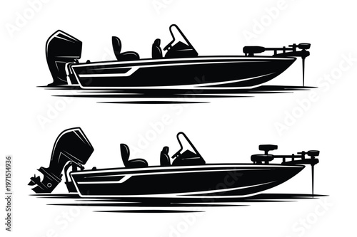 Two black vector illustrations of fishing boats with outboard motors
