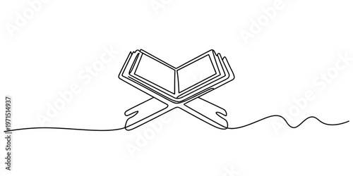 A single continuous line drawing of the holy quran placed on a traditional wooden book stand rahal Vector, illustration