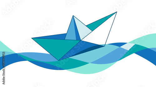 A geometric origami paper boat sails on stylized blue and teal waves against a white background.