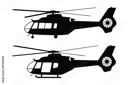 Silhouettes of two helicopters in black and white