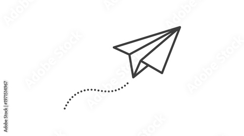 A simple line drawing of a paper airplane in flight, leaving a dotted trail behind it.