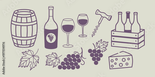 Wine and cheese icon set outline sketch vector illustration design