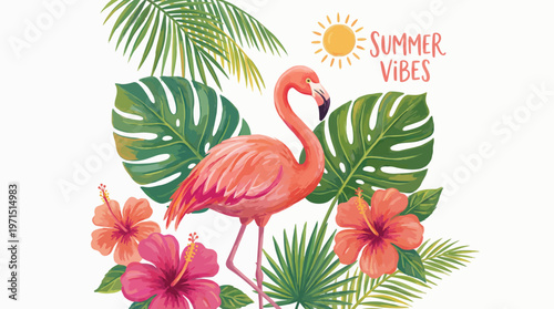 A vibrant illustration of a pink flamingo surrounded by lush tropical leaves and colorful hibiscus flowers, evoking a sense of summer.