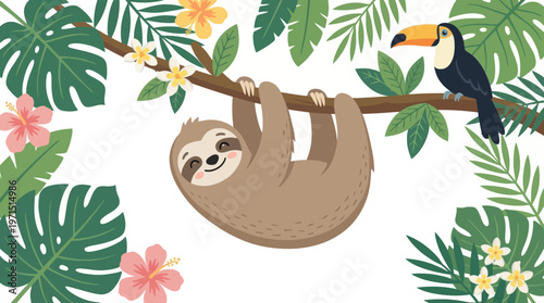 A cute cartoon sloth hangs from a tree branch surrounded by lush green tropical leaves and colorful flowers, with a toucan perched nearby.