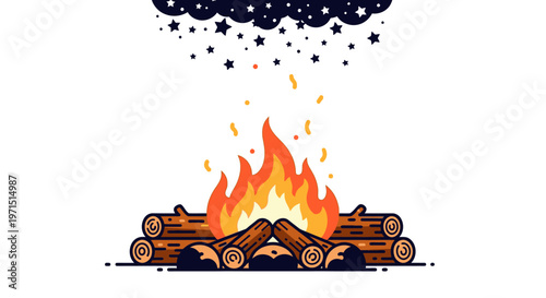 Illustration of a campfire burning with orange flames under a starry night sky with scattered stars.