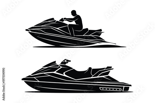 Black vector illustrations of jet skis on water with jet ski with personal water