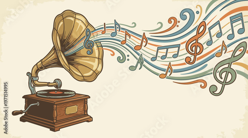 An antique gramophone playing music with colorful musical notes and swirls emanating from its horn.