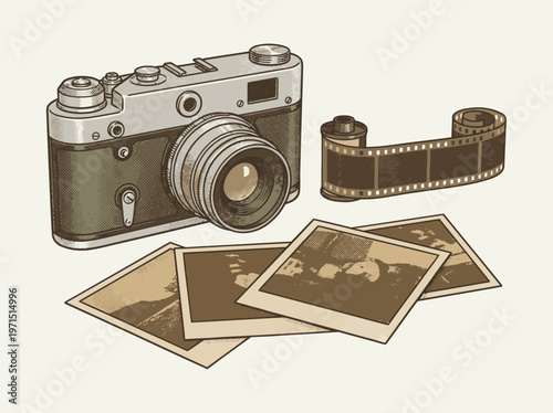 A vintage camera with a roll of film and several old photographs are artfully arranged on a light-colored background.
