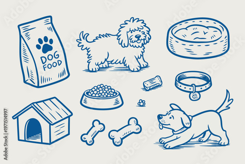 Set of cute dog accessories and pets in doodle style outline sketch vector illustration design