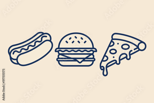 Set of fast food icons including a hot dog, hamburger, and pizza slice outline sketch vector illustration design