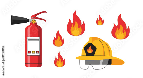 Flat lay illustration of a fire extinguisher, firefighter's helmet with safety goggles and surrounding flames on a white background.
