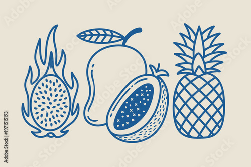 Set of tropical fruits dragon fruit, mango and pineapple line art outline sketch vector illustration design