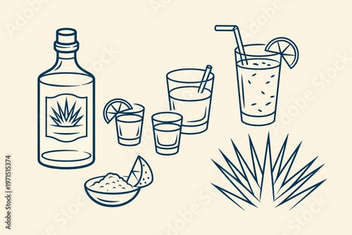Tequila bottle and glasses with agave plant and lime salt set outline sketch vector illustration design