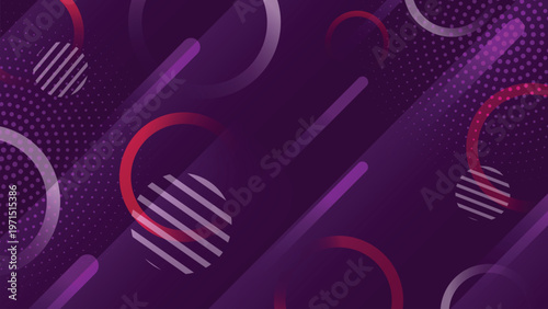 Modern purple futuristic halftone background with various shape arrangement and gradient overlay effect, abstract vibrant design for banner, poster and digital use