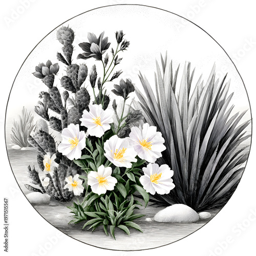 Black and white illustration showing various desert plants with flowers and cacti in a natural setting during the day
