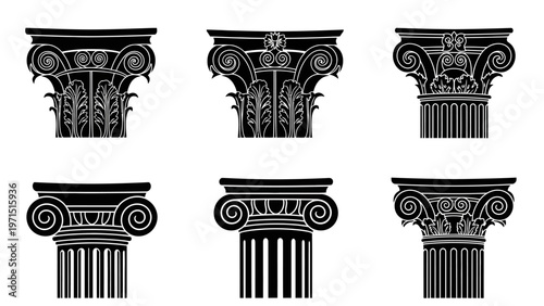 Ancient Greek Column Capitals Set: Ionic, Corinthian, Composite Architectural Elements